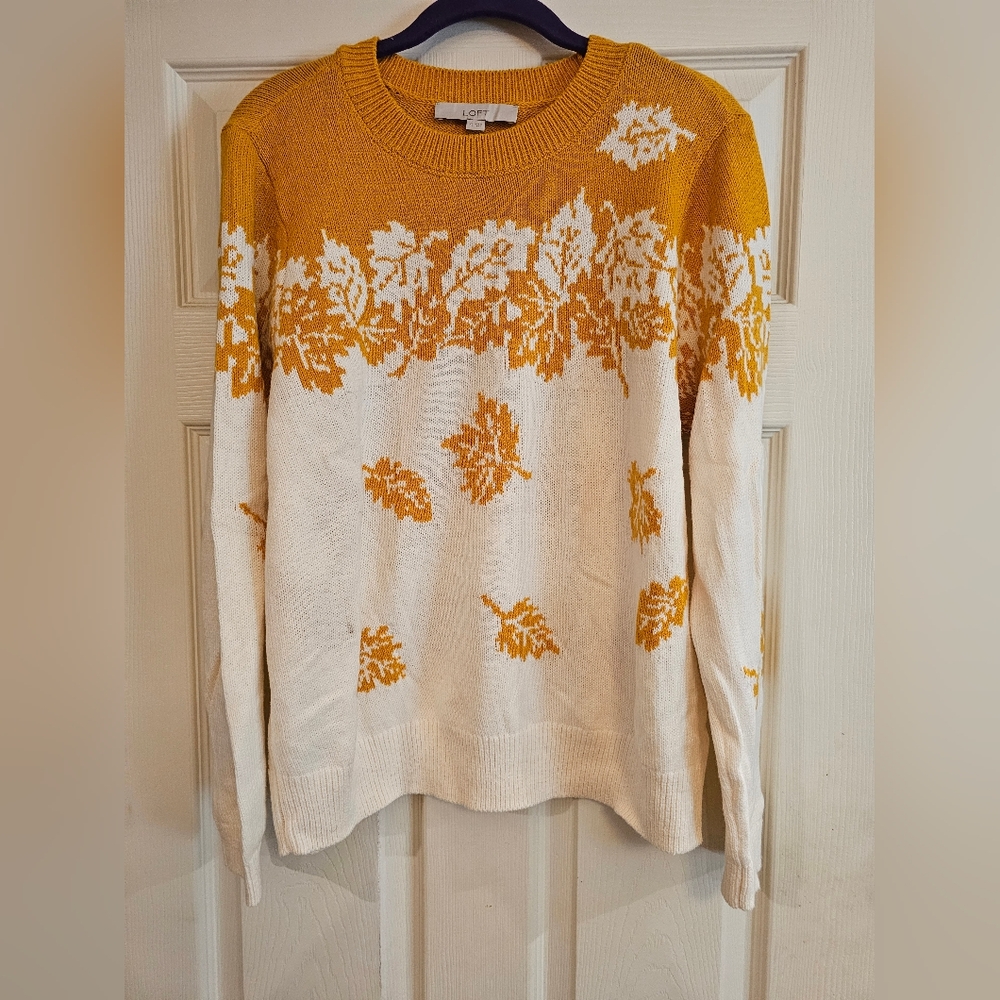 LOFT Mustard and Cream Leaf Pattern Sweater